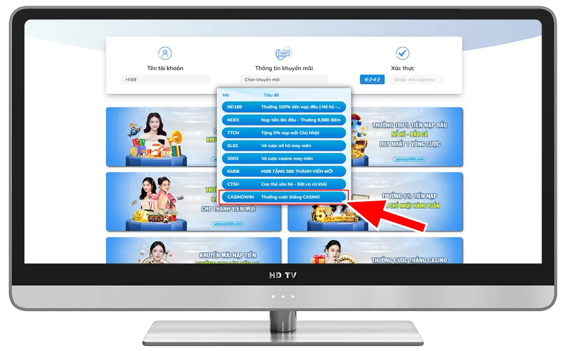 Bước 3: Nhập "Tên tài khoản" → chọn mã khuyến mãi "CASINOWIN" → Nhập mã xác thực.